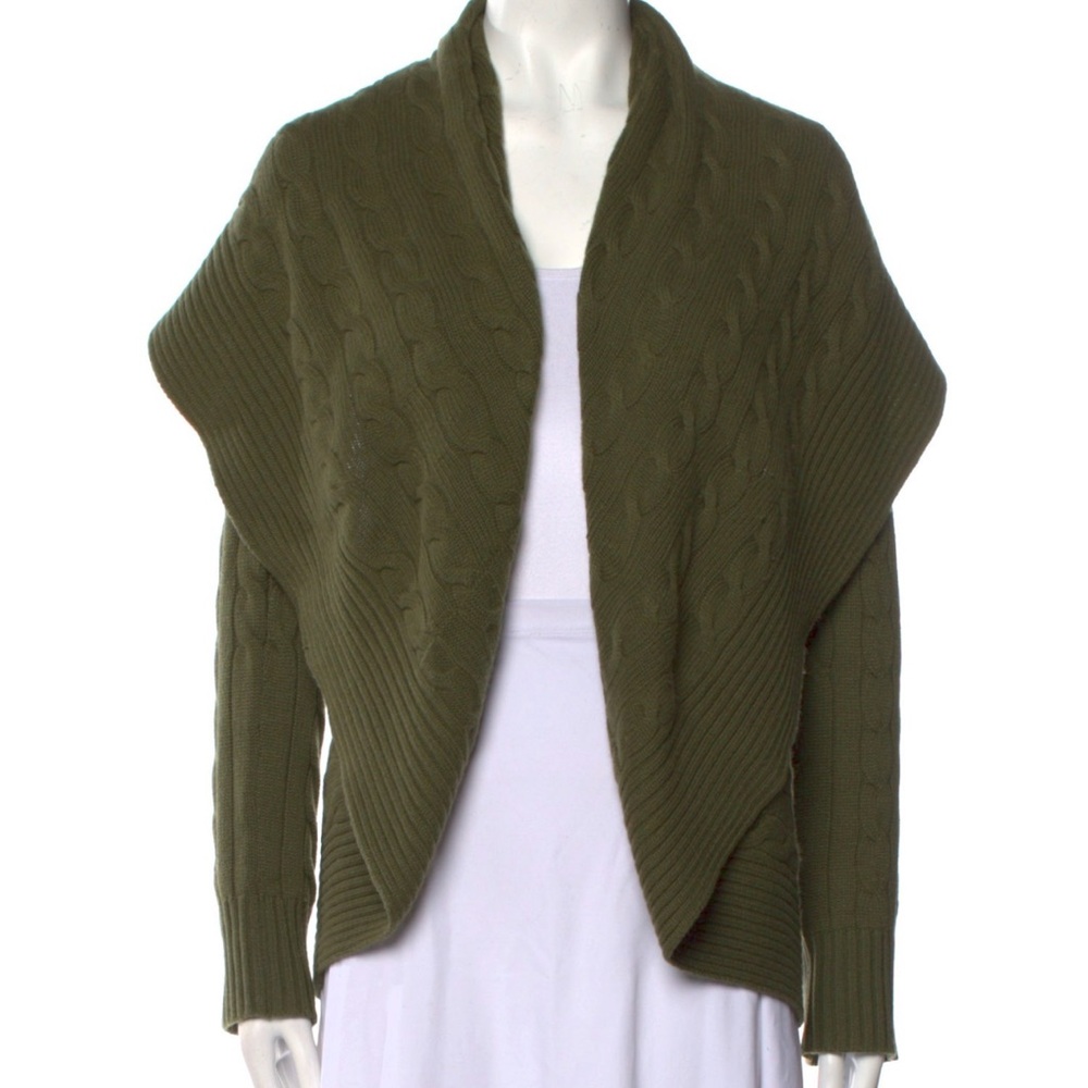 Ralph Lauren Black Label Elegant Olive Women's Cable Knit Cashmere Shrug